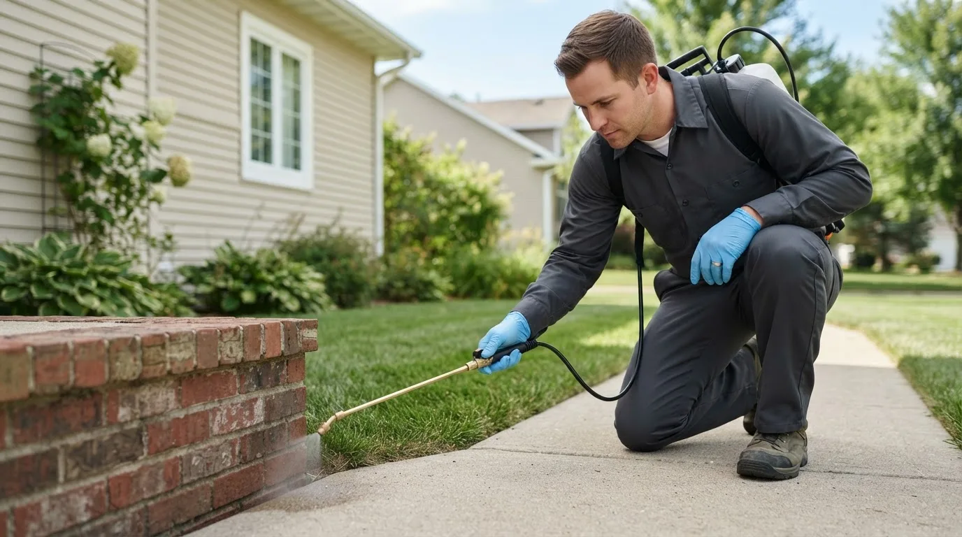 Pest control technician treating a home near West Fargo, ND