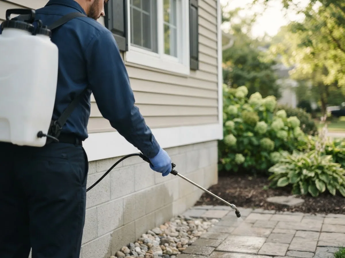 Pest control technician inspecting a home in West Fargo, ND